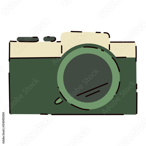 Bright vector camera, forest photo session , vivid events, wildlife. Flat cartoon style. Postcard, icon, sticker.