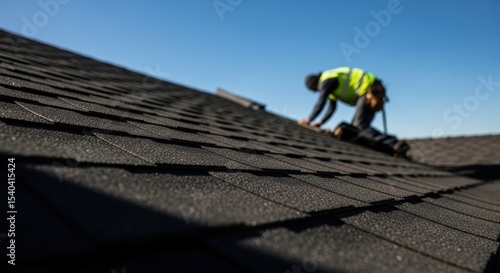 Wallpaper Mural Roofer working on a dark asphalt shingle roof under a clear blue sky Torontodigital.ca