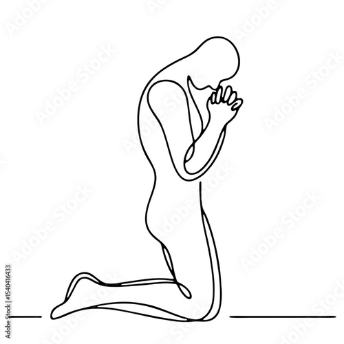 Gratitude — man in theatrical pose of reverence and devotion: minimalist single-line black drawing. One line art.