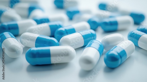 Blue and White Capsules Scattered on a Light Background