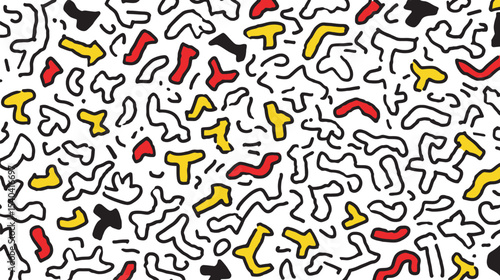 Abstract shapes interweave in geometric art on a white plane with color details