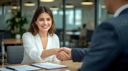 Fototapeta Naklejka Na Ścianę i Meble -  Happy aged business woman manager handshaking at office meeting. Smiling female hr hiring recruiter at job interview, bank or insurance agent, lawyer making contract deal with client at work