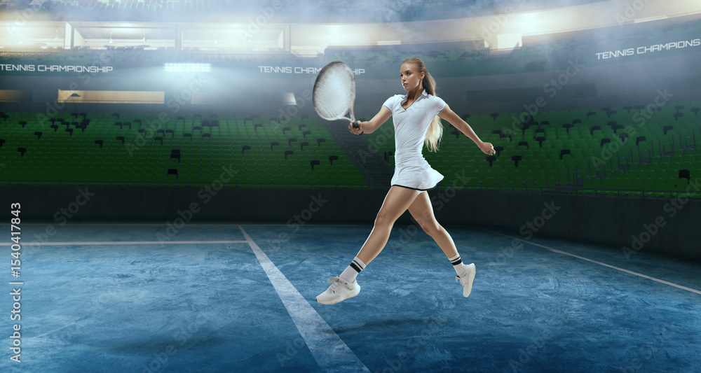 Fototapeta premium Woman tennis player playing tennis on professional tennis stadium in night.