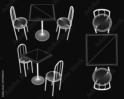 White contour chairs with curved backrests and armrests surround a matching table on a black background. The symmetrical arrangement highlights the clean, modern design.