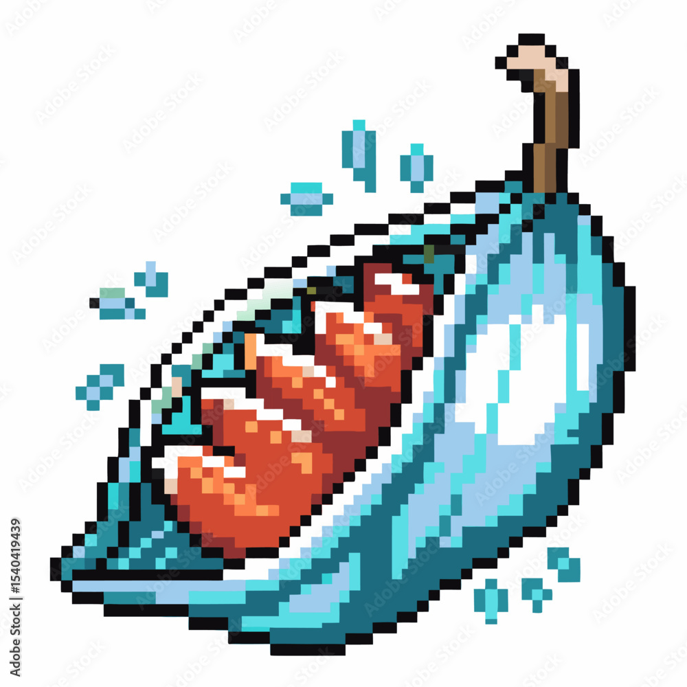 Fototapeta premium Pixel art blue pea pod with orange beans, minimal retro digital illustration, isolated healthy vegetable food concept