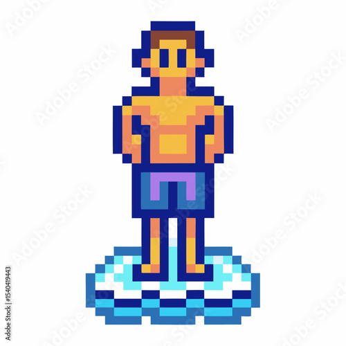 Pixel art male swimmer in blue trunks standing on diving platform retro character, aquatic sports, summer pool fun