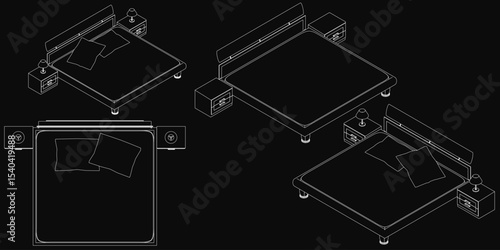 Black and white contour line drawing of a neatly made bed with two plump pillows and a matching nightstand beside it. The detailed illustration features clean lines and simple shading, creating an.