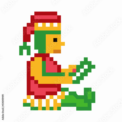 Pixel art ancient figure in profile, vibrant retro colors sitting human with red, green, yellow costume, traditional character
