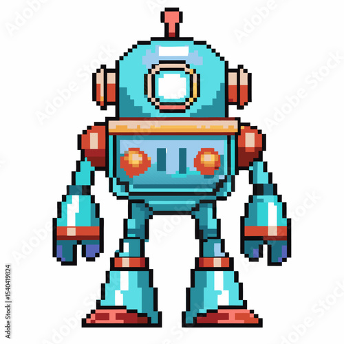 Retro pixel art robot standing upright, blue and orange colors, vintage technology character, isolated on white background