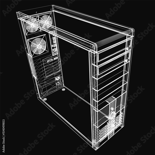 3D wireframe model of a sleek desktop computer case on a black background, showcasing a modern and minimalist design. The transparent mesh structure highlights internal components with clean lines.