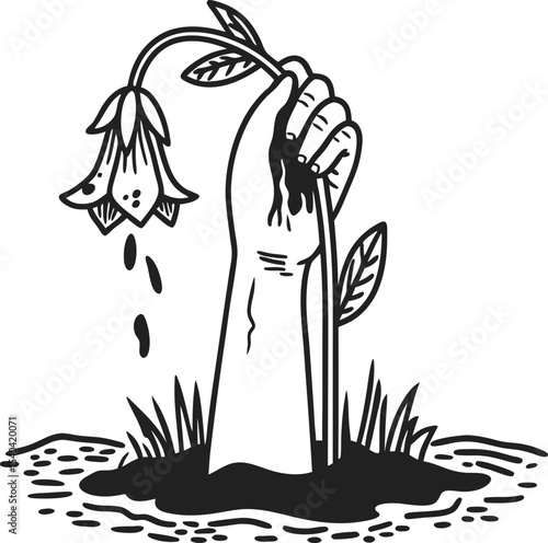 Hand gripping wilted flower emerging from ground, symbol of loss, grief, sadness, melancholy, black and white illustration