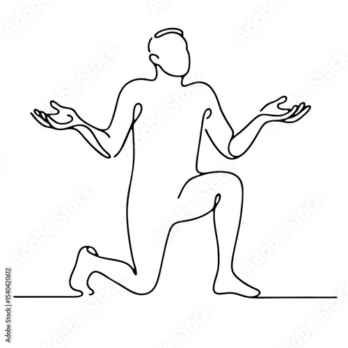 Helplessness — man in theatrical pose of surprise and vulnerability, rendered with minimalist single black line. One line drawing.