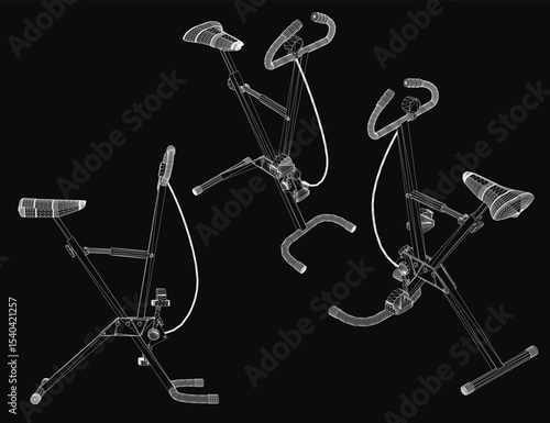 Three stationary exercise bikes in a black and white drawing, arranged in a triangular formation on a solid black background. The tallest bike is centered, flanked by two smaller ones, with curved.