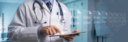Doctor using a tablet with digital checklist overlay.
