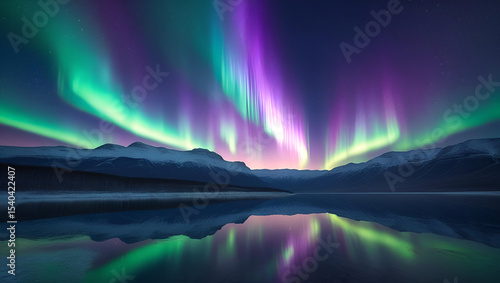 A breathtaking display of the Northern lights up the night sky. In the background is the majestic mountain range.