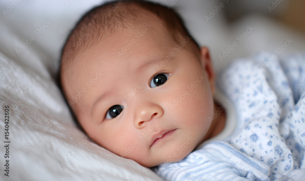 Close up portrait of a newborn baby lying on a white blanket with a light blue patterned shirt Close up portrait of a newborn baby lying on a white blanket with a light blue patterned shirt