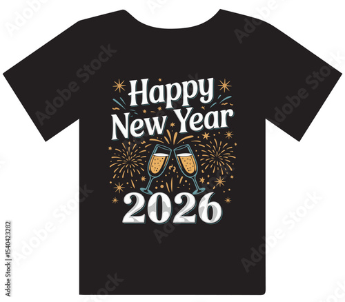 T shirt design of "Happy New Year 2026" with Champagne Glasses and Fireworks - Festive Celebration Design

