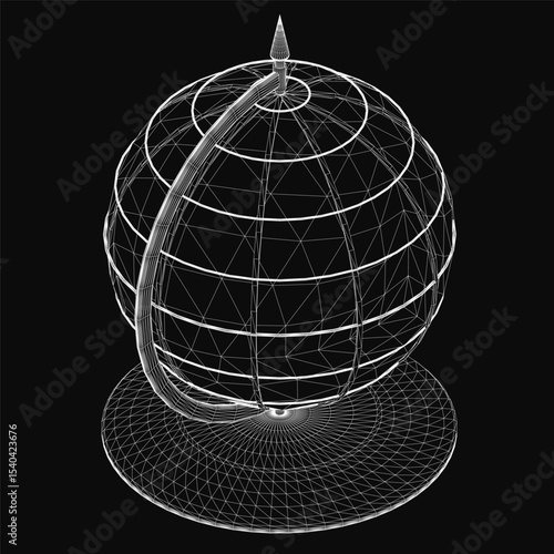 A 3D wireframe globe with intricate geometric patterns floats against a sleek black background, showcasing a futuristic and detailed design. The sphere features interconnected lines and shapes,.