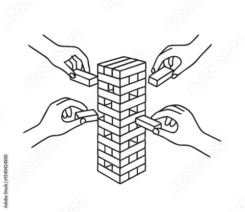 Vector illustration depicting multiple hands delicately removing blocks from a Jenga tower. The image captures the tension and focus inherent in the game, emphasizing teamwork and strategy.