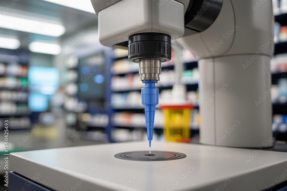 Close up of robotic arm with blue pipette tip over circular target in pharmacy setting indoors Close up of robotic arm with blue pipette tip over circular target in pharmacy setting indoors