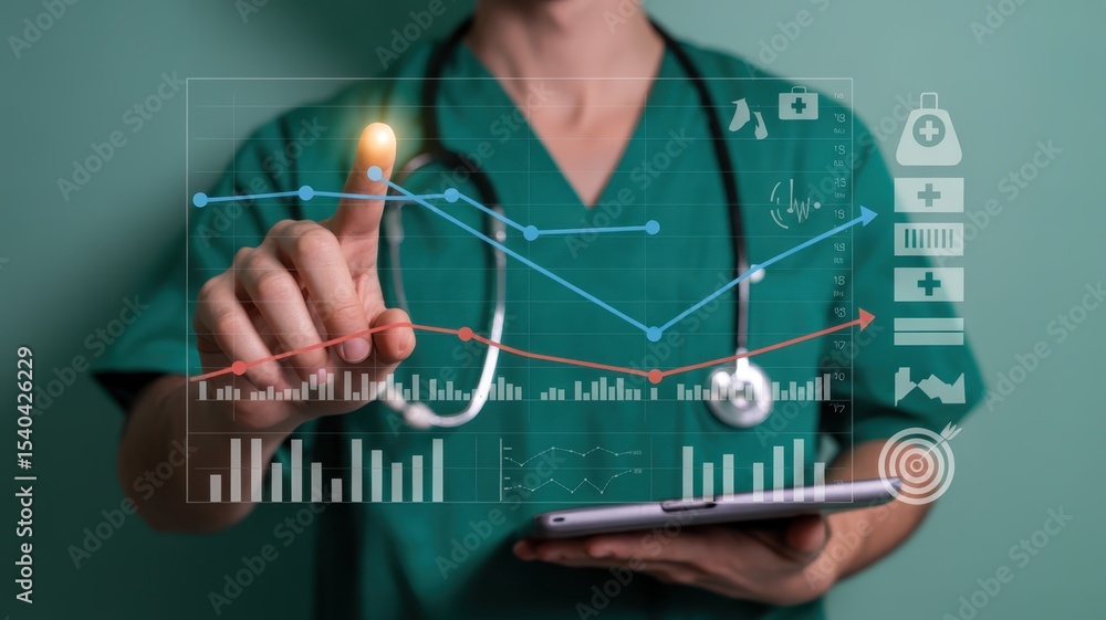 Fototapeta premium A medical professional interacts with a digital health dashboard displaying data visualizations.