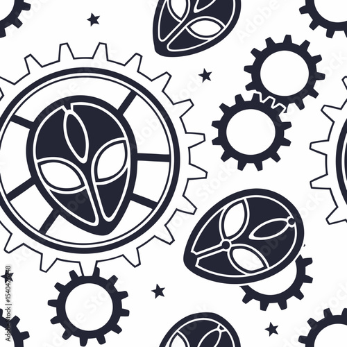 A whimsical dance of alien gears reaching for the stars blending the cosmic with mechanical
