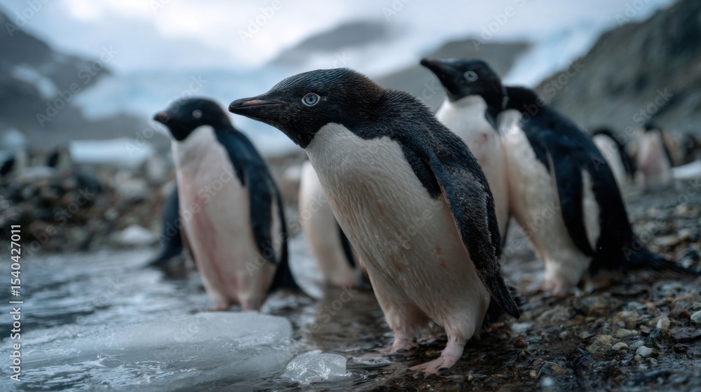 Naklejka premium Penguins in action antarctica wildlife photography icy environment close-up view nature conservation