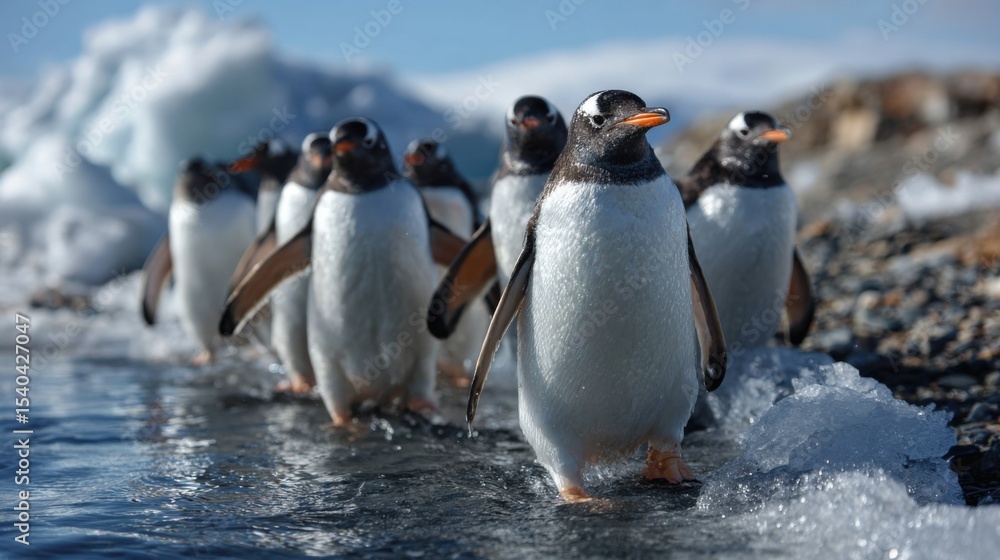 Obraz premium Gentoo penguins marching along the shoreline antarctica wildlife photography icy environment close-up view nature's beauty