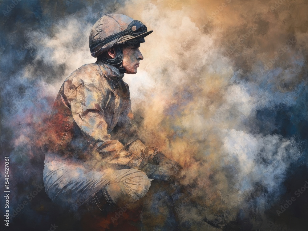 Naklejka premium Jockey in Motion Amidst Colorful Smoke