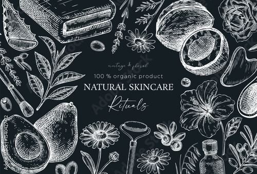 Skincare background. Hand drawn organic cosmetics and natural ingredients vector illustration. Skin care routine frame design. Not AI generated