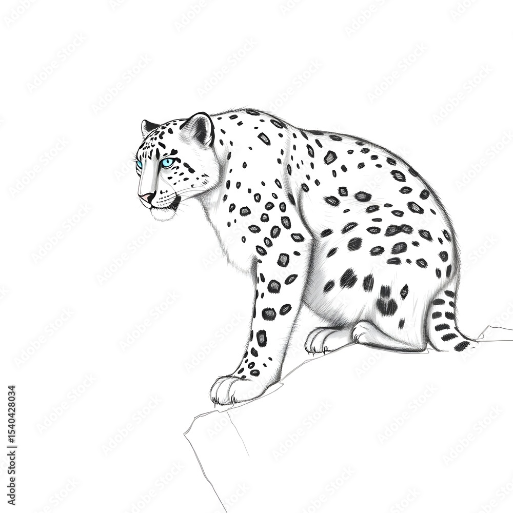 Fototapeta premium Himalayan Majesty: Ultra-Photorealistic Snow Leopard on Snowy Ledge with Icy Blue Eyes & Falling Snow - Cinematic 8K Wildlife Documentary Shot