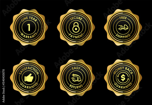 E-commerce badges icons set. Online shopping icon sign golden color on black background