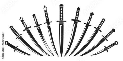Collection of traditional Japanese sword silhouettes in radial arrangement, vector illustration set. Set includes katana, wakizashi, and tanto designs in black graphic format.
