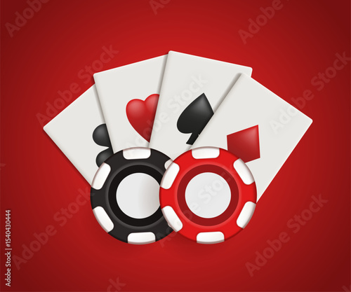 Card fan and playing chips. Vector 3d clip art isolated on red background.