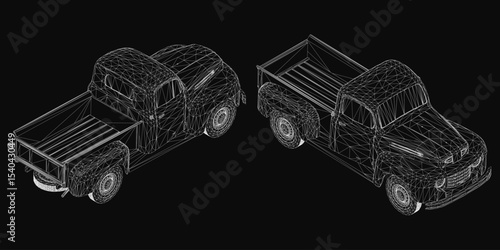 A 3D wireframe model of a pickup truck with realistic contours and details, rendered on a sleek black background. The transparent mesh design highlights the vehicle's structure while maintaining a.