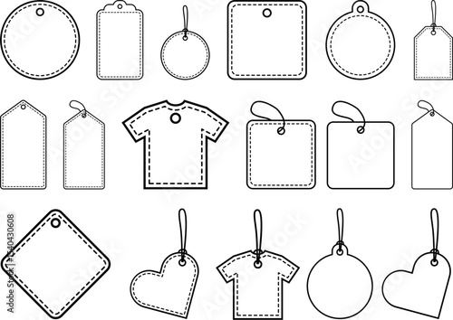 Vector set of blank price tags and gift labels in various shapes including round, square, heart, and shirt forms, perfect for branding, packaging, crafting, and DIY gift designs.

