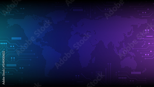 World map technology digital circuit blue purple abstract background glowing modern