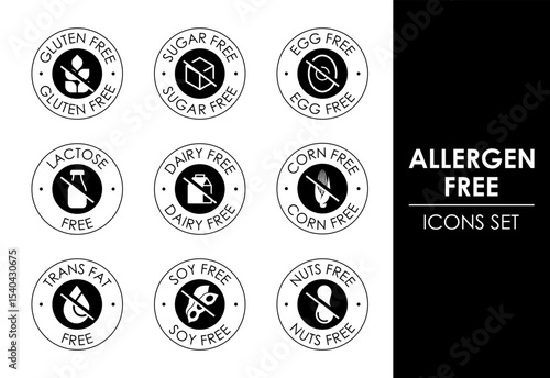 Allergen free icon set. Allergen free products symbols. Lactose, gluten, sugar, corn, egg, trans fat, soy, nuts, dairy free sign