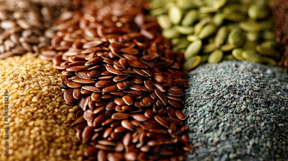 Obraz premium Flax seeds artfully arranged in a stunning macro display highlighting their rich colors and textures