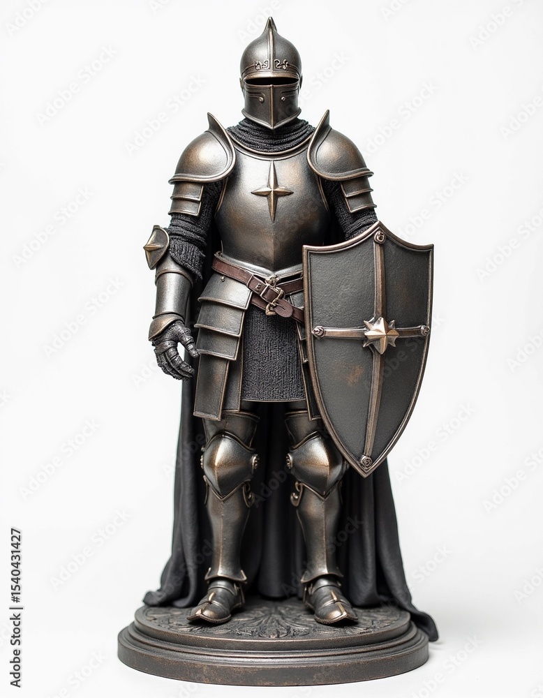 Fototapeta premium Realistic miniature figurine of a medieval knight in full armor with shield, handcrafted model on a display base 
