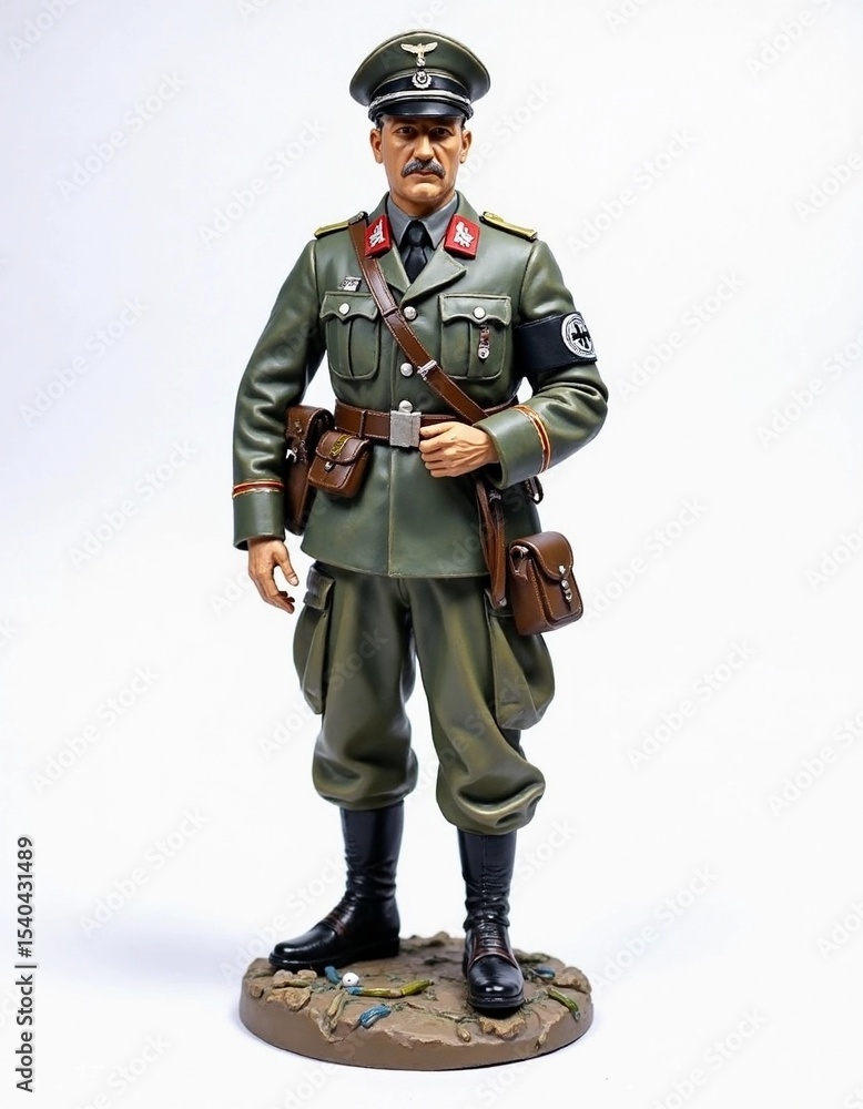 Fototapeta premium Realistic miniature figurine of a World War II-era officer in green uniform, handcrafted model on a display base 