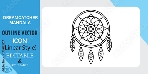 Dreamcatcher Mandala Outline Vector Icon Linear Style, Editable, Resizable