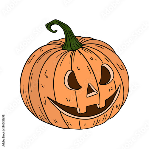 Orange pumpkin with happy face. Halloween and thanksgiving autumn occasions. October festival decoration. Element collection line art hand drawn