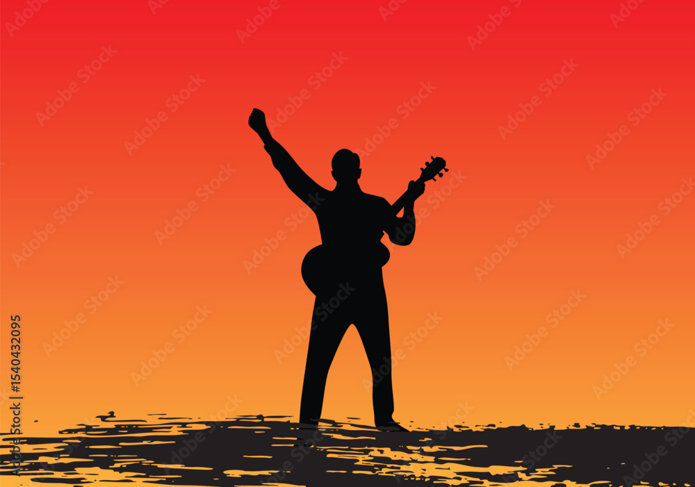 Fototapeta premium Rock Musician with Guitar on Stage at Sunset Grunge Stroke. Art and music people, performing on stage for audience vector art