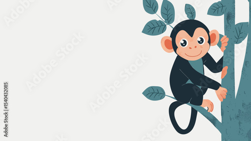 A digital illustration depicts a cartoon monkey clinging to a tree branch. The monkey is black and teal, with simplified features, large eyes, and a curled tail. The tree is depicted with teal