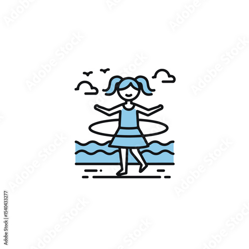 A delightful illustration of a girl happily playing with a hula hoop on the beach.