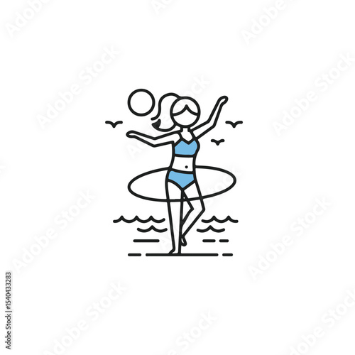 A cheerful woman playing with a hula hoop near the shore.