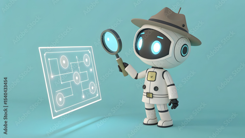 Cute robot as a detective, analyzing clues on a digital board with glowing pop-up magnifying glasses, on a solid light teal background. Cute robot as a detective, analyzing clues on a digital board with glowing pop-up magnifying glasses, on a solid light teal background.