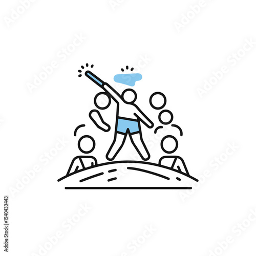 Illustration of a person, surrounded by other people, who appears to be leading a team, and a team of others, during a team building exercise. 