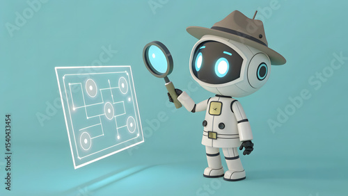 Cute robot as a detective, analyzing clues on a digital board with glowing pop-up magnifying glasses, on a solid light teal background.